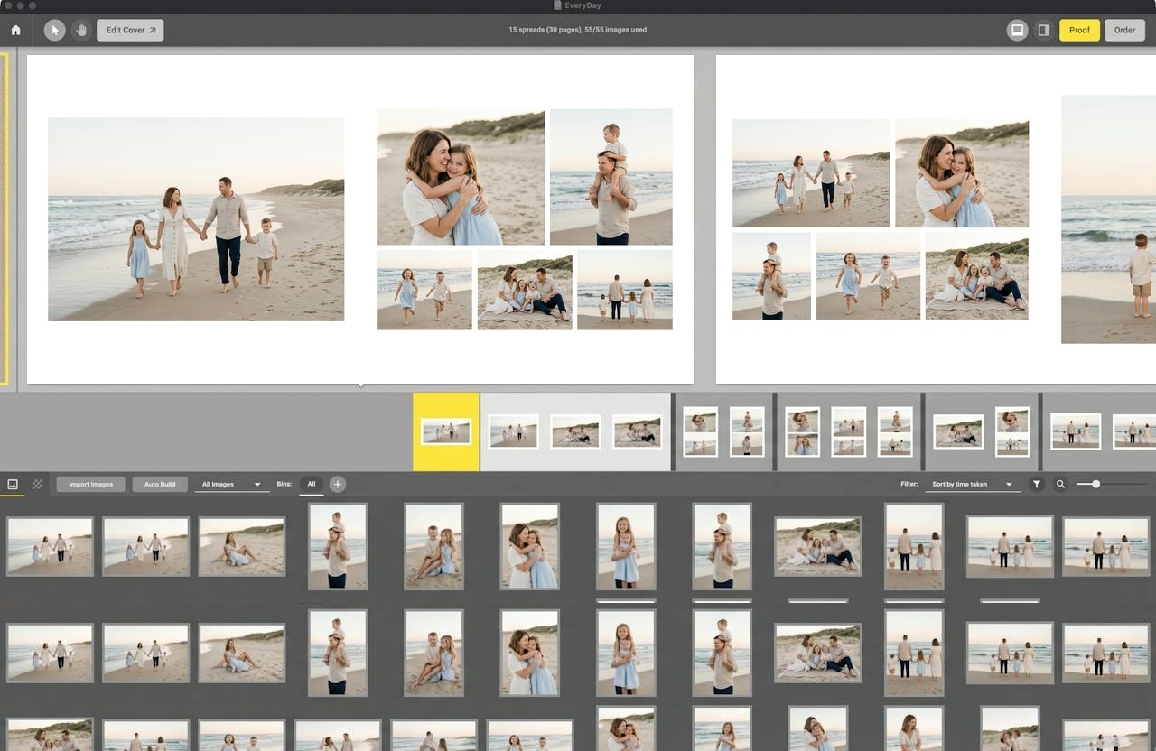 KISS Designer editor with a multi-photo family beach album spread, image thumbnails, Proof and Order controls.